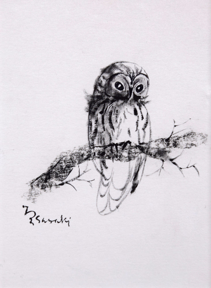 佐々木栄松「フクロウ」水墨画 作品全体拡大画像