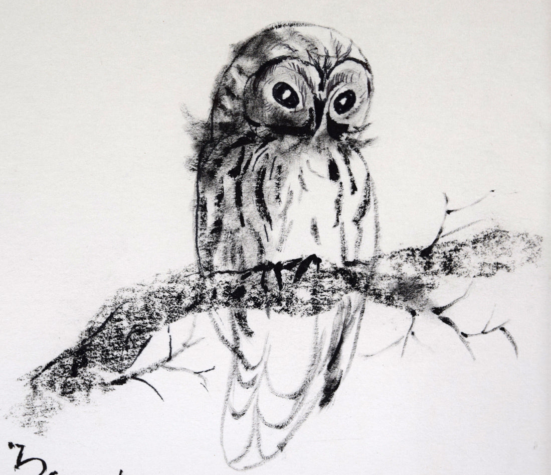 佐々木栄松「フクロウ」水墨画 拡大画像1