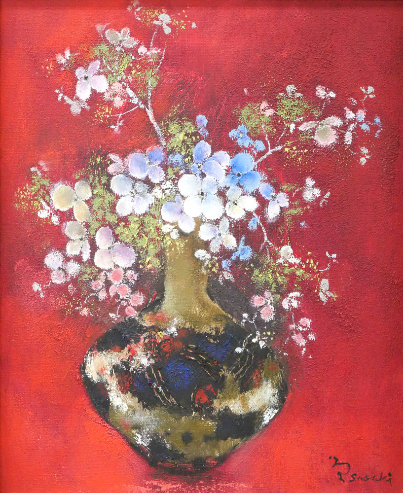 佐々木栄松「サビタの花（赤）」油絵・F3号　作品全体拡大画像