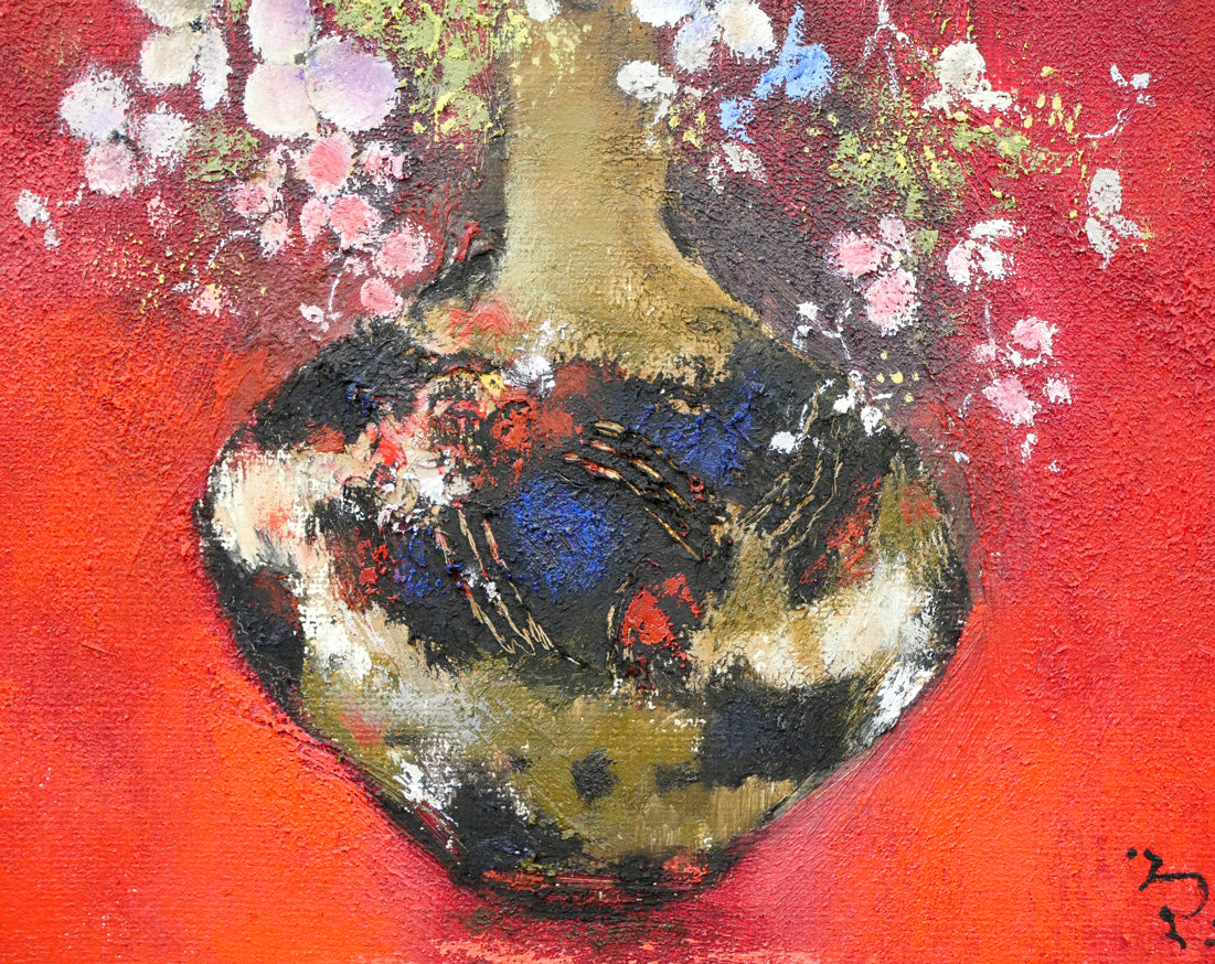 佐々木栄松「サビタの花（赤）」油絵・F3号　拡大画像4