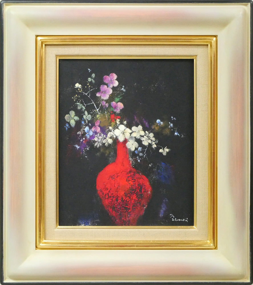 佐々木栄松「サビタの花(黒)」油絵・F3号