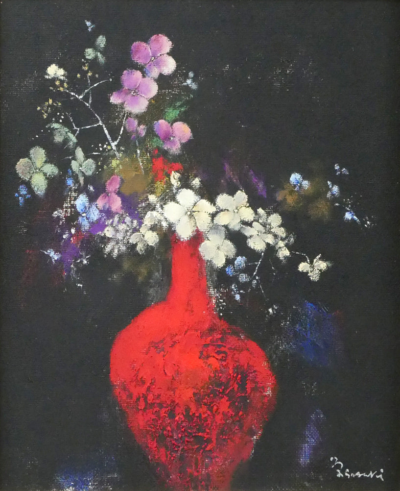 佐々木栄松「サビタの花（黒）」油絵・F3号　作品全体拡大画像