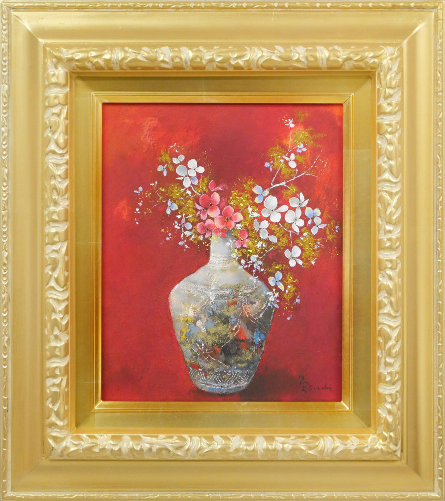 佐々木栄松「サビタの花(金縁)」油絵・F3号