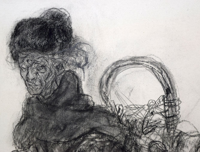 佐々木栄松「北の老釣師(自画像)」コンテ素描・F10号 拡大画像1