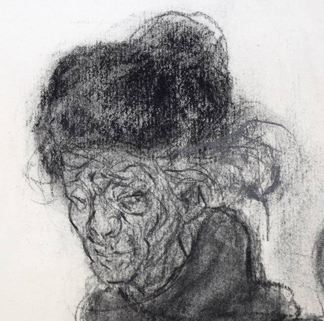 佐々木栄松「北の老釣師(自画像)」コンテ素描・F10号 拡大画像2