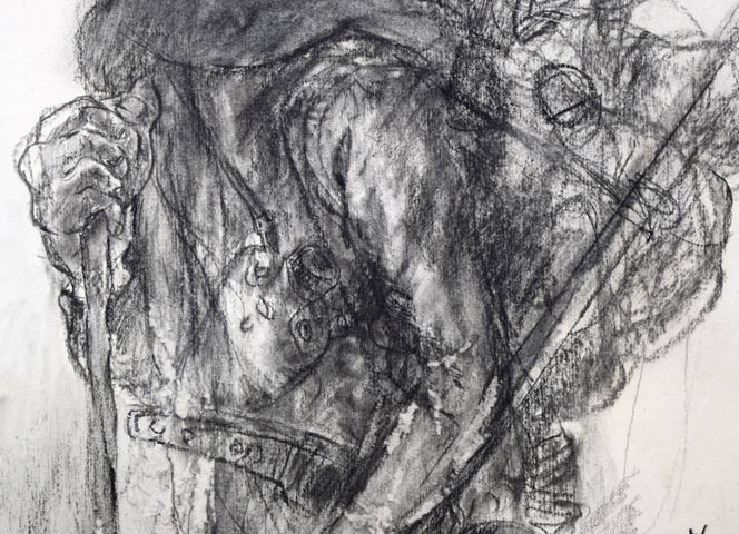 佐々木栄松「北の老釣師(自画像)」コンテ素描・F10号 拡大画像3