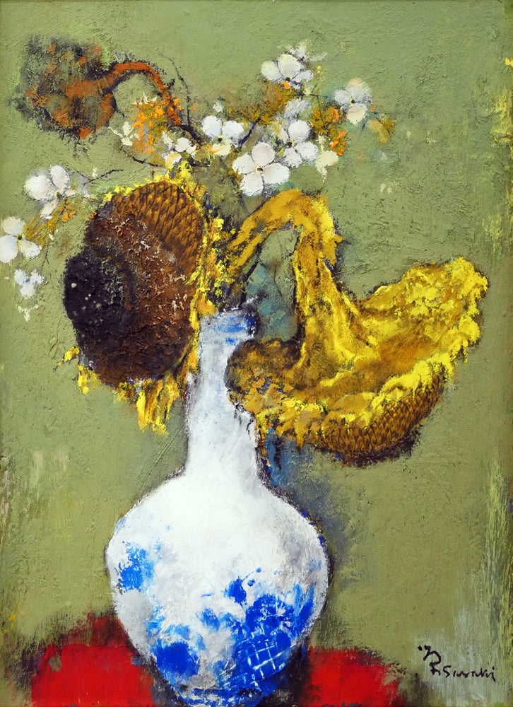 佐々木栄松「枯れたひまわりとサビタの花」油絵・F4号 作品全体画像