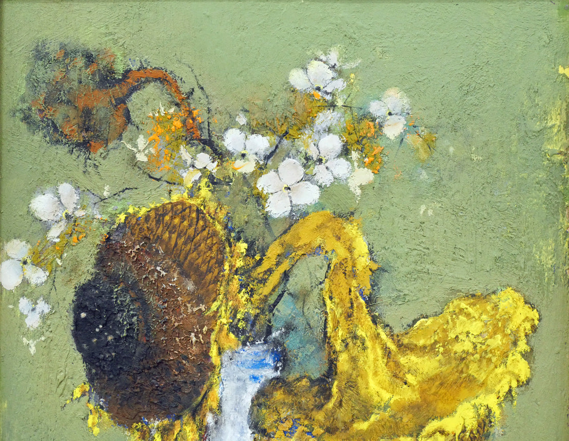 佐々木栄松「枯れたひまわりとサビタの花」油絵・F4号 拡大画像1