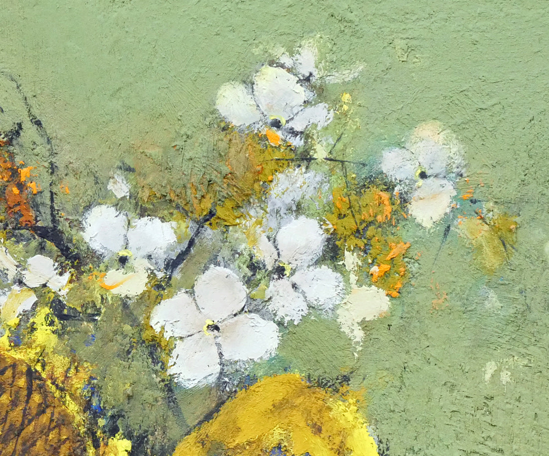 佐々木栄松「枯れたひまわりとサビタの花」油絵・F4号 拡大画像2