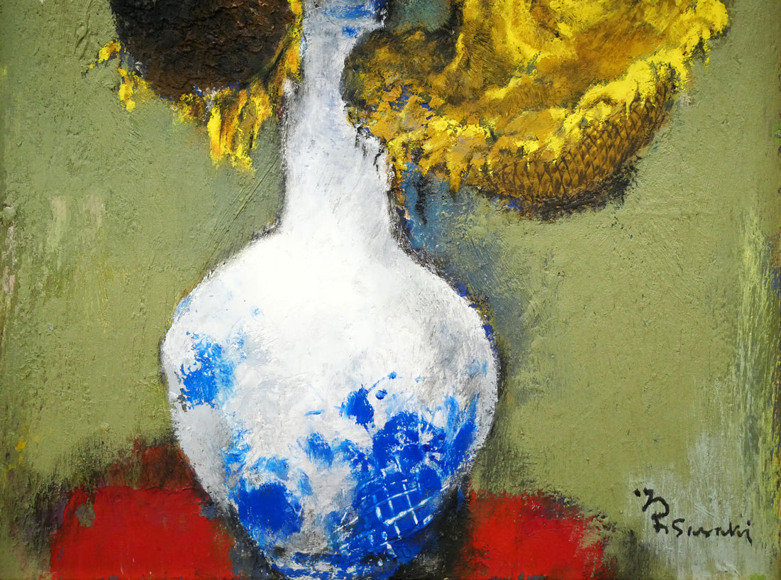 佐々木栄松「枯れたひまわりとサビタの花」油絵・F4号 拡大画像4