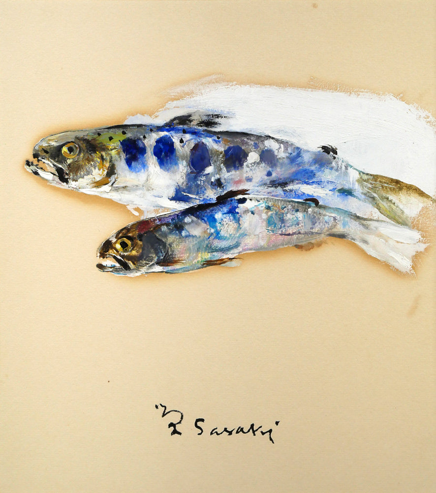 佐々木栄松「山女魚」油絵・色紙 作品全体画像