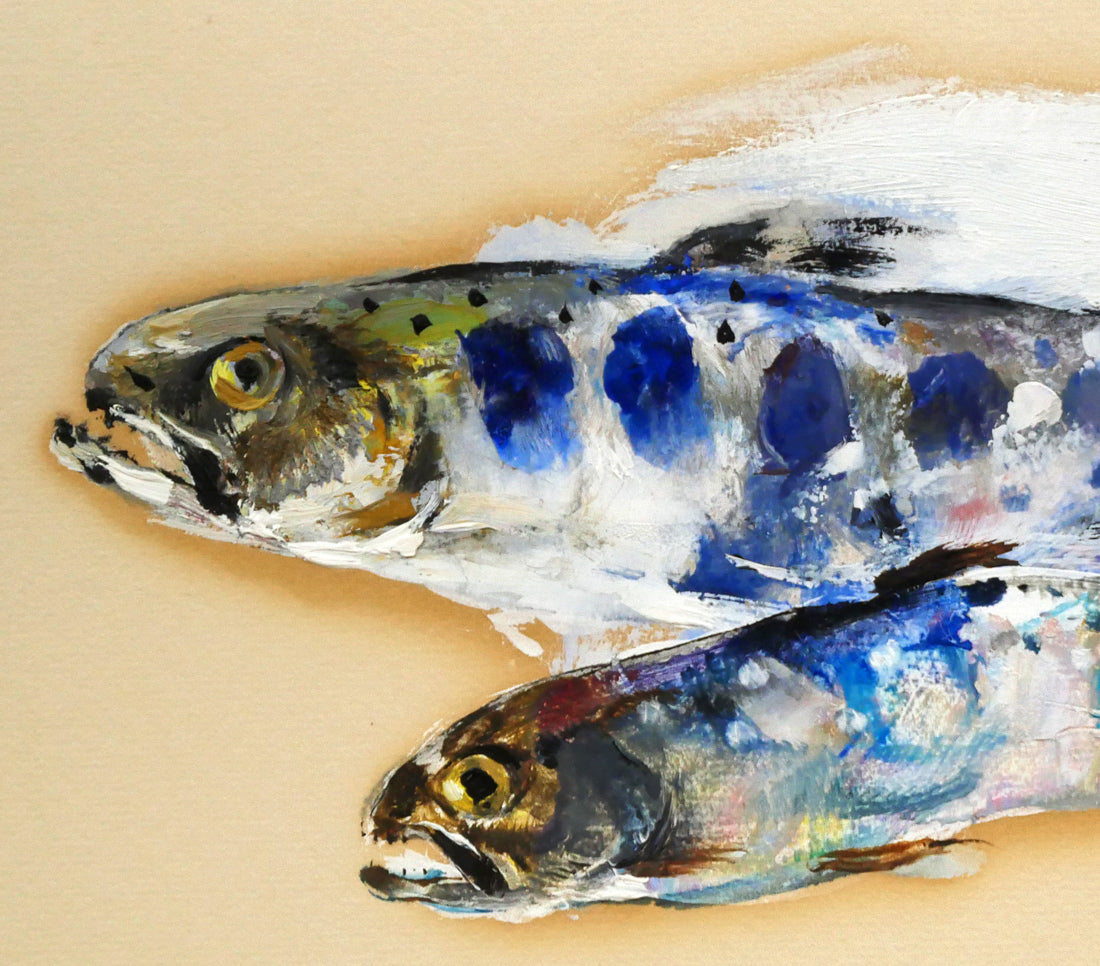 佐々木栄松「山女魚」油絵・色紙 拡大画像1