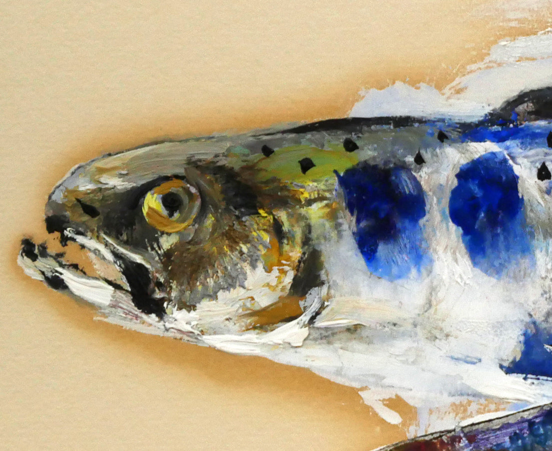 佐々木栄松「山女魚」油絵・色紙 拡大画像3