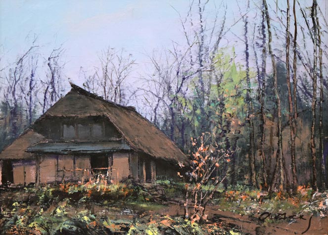 佐藤あつ子「兜造りの家(さがえ)」油絵・P8号 作品全体画像