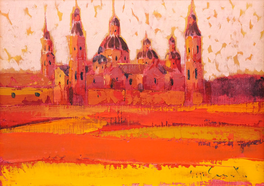 芹田英治「寺院(スペイン「NEW YORKにて」)」油絵・F4号 作品全体拡大画像