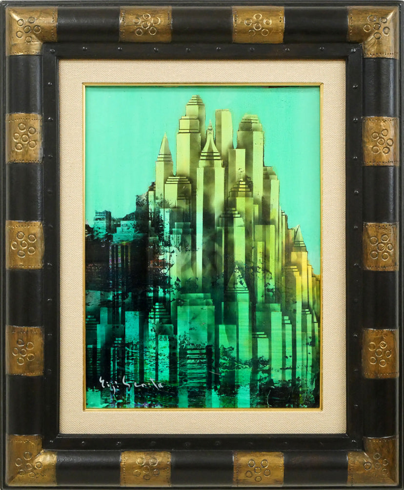 芹田英治「城砦マンハッタン」油絵・F4号