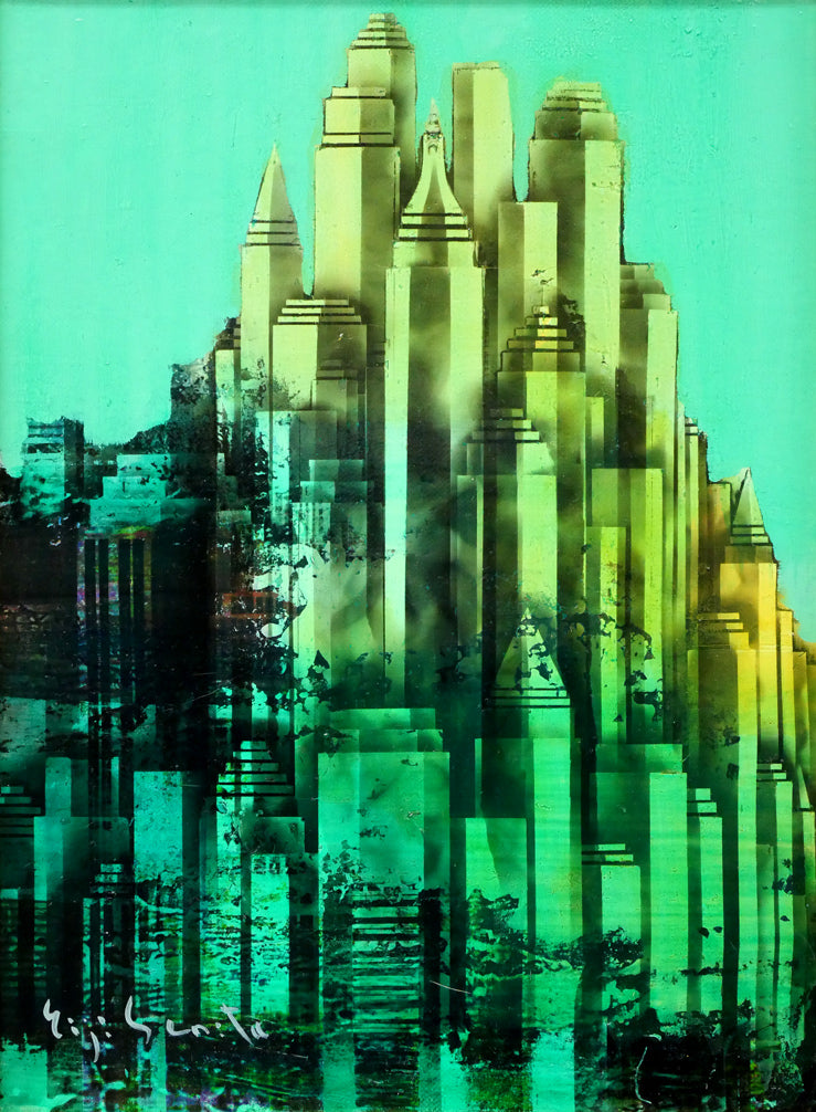 芹田英治「城砦マンハッタン」油絵・F4号 作品全体拡大画像