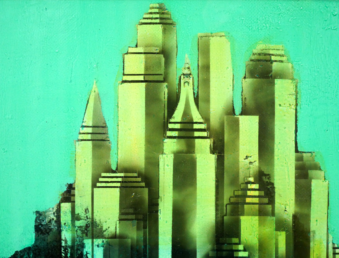 芹田英治「城砦マンハッタン」油絵・F4号 拡大画像1