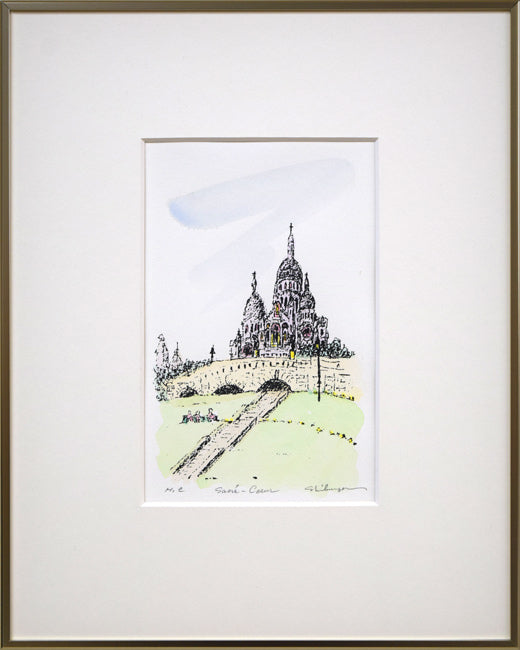 渋谷栄一「サクレクール寺院(パリ)」リトグラフに手彩色