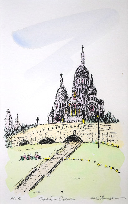 渋谷栄一「サクレクール寺院(パリ)」リトグラフに手彩色 作品全体拡大画像