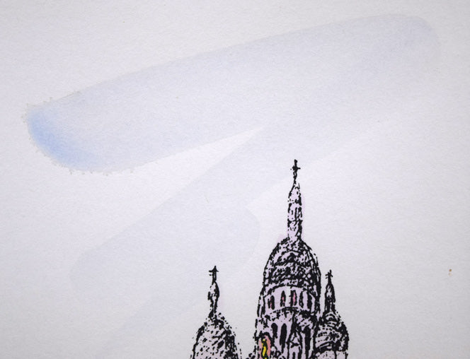渋谷栄一「サクレクール寺院(パリ)」リトグラフに手彩色 拡大画像2