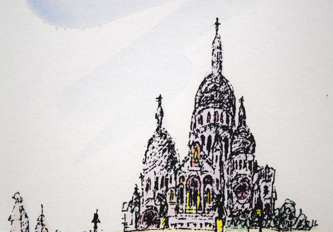 渋谷栄一「サクレクール寺院(パリ)」リトグラフに手彩色 拡大画像3