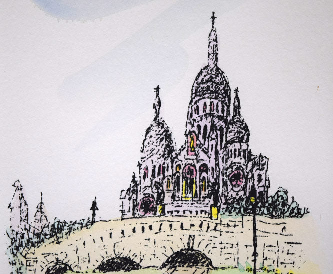 渋谷栄一「サクレクール寺院(パリ)」リトグラフに手彩色 拡大画像4