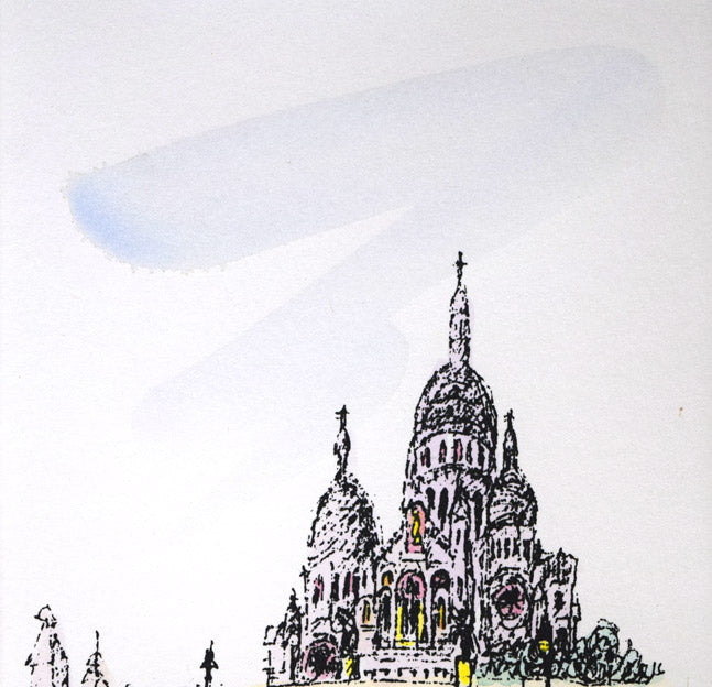 渋谷栄一「サクレクール寺院（パリ）」リトグラフに手彩色　拡大画像1
