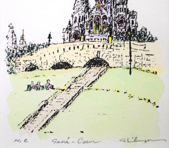 渋谷栄一「サクレクール寺院(パリ)」リトグラフに手彩色 拡大画像6