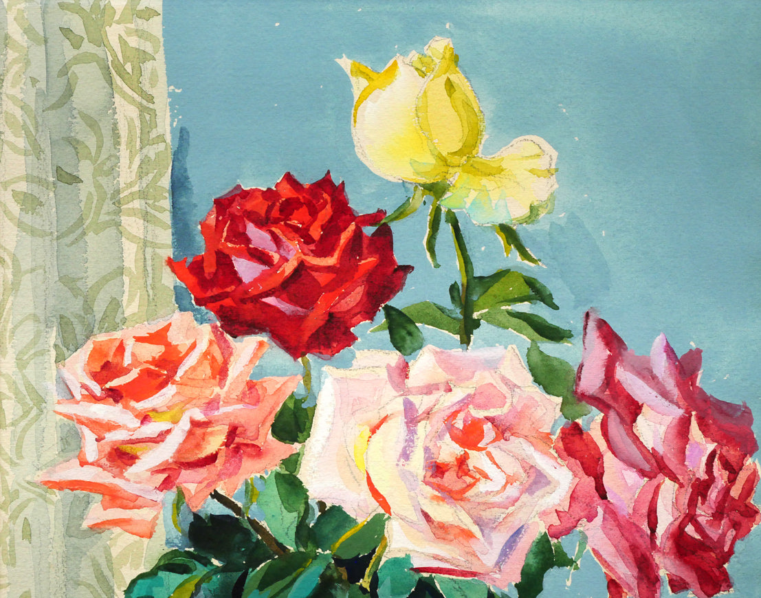 繁野三郎「薔薇」水彩画・6号小 拡大画像1