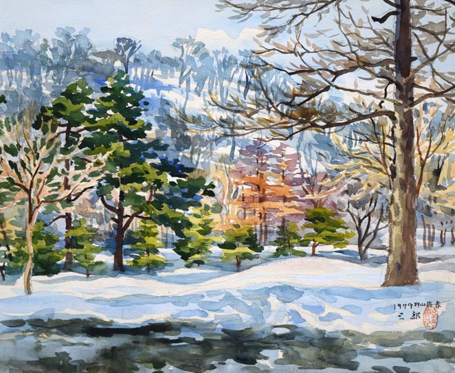 繁野三郎「円山待春(札幌)」水彩画・8号 作品全体拡大画像