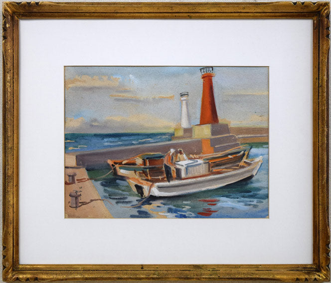 繁野三郎「港風景」水彩画・5号