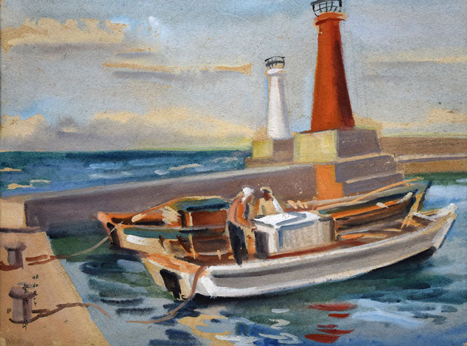 繁野三郎「港風景」水彩画・5号 作品全体拡大画像