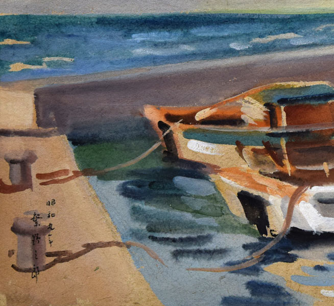 繁野三郎「港風景」水彩画・5号 拡大画像3