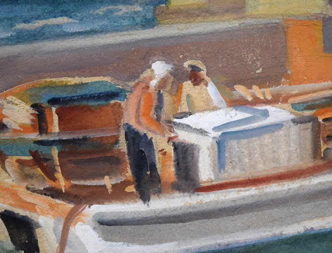 繁野三郎「港風景」水彩画・5号 拡大画像4