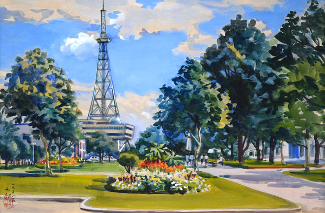 繁野三郎「さっぽろテレビ塔(大通公園)」水彩画・10号 作品全体拡大画像