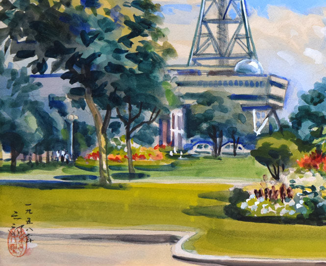 繁野三郎「さっぽろテレビ塔(大通公園)」水彩画・10号 拡大画像3