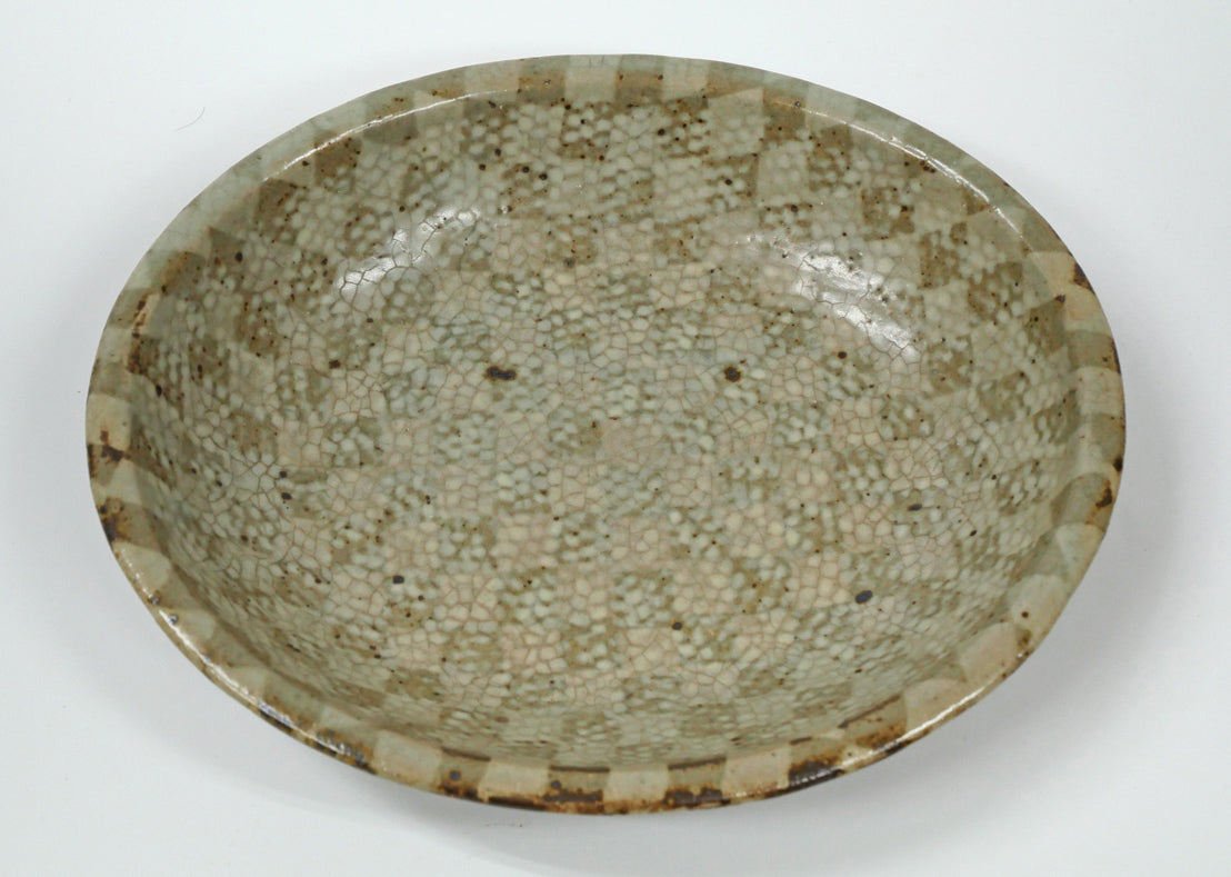 島岡達三「地釉練上象嵌縄文楕円皿」益子焼・共箱 全体画像1