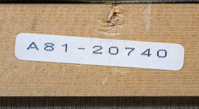 清水澄子「ブーツを穿いた女」油絵・F10号 裏側拡大画像(「一枚の繪」管理番号シール)