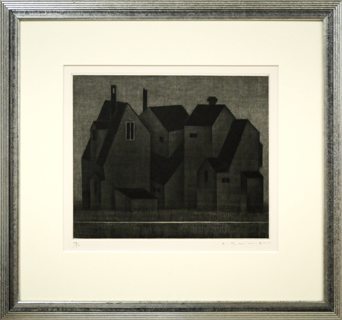 清水敦「黒い三軒の家」銅版画(メゾチント)