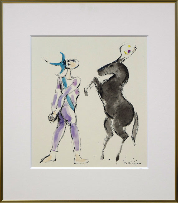 清水康雄「無題(ピエロと馬)」水彩画