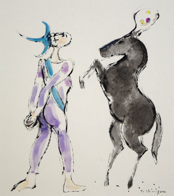 清水康雄「無題(ピエロと馬)」水彩画 作品全体拡大画像