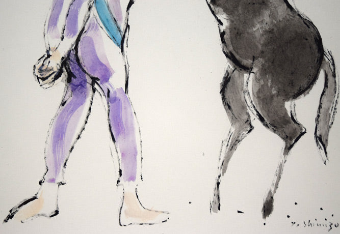 清水康雄「無題(ピエロと馬)」水彩画 拡大画像3