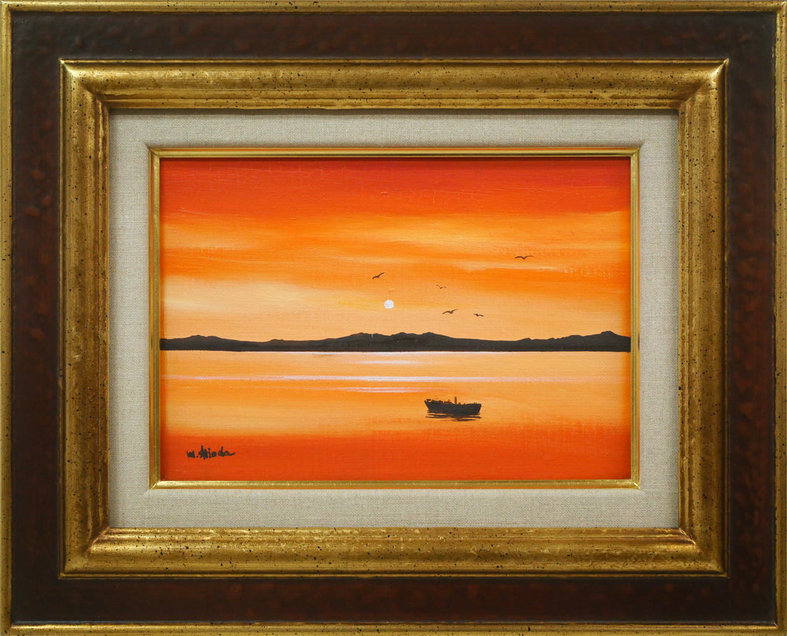 塩田満男「サロマ湖夕景」油絵・SM