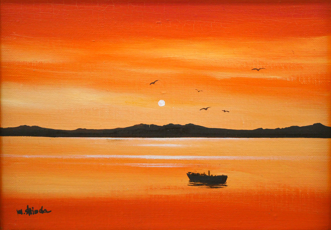 塩田満男「サロマ湖夕景」油絵・SM 作品全体拡大画像