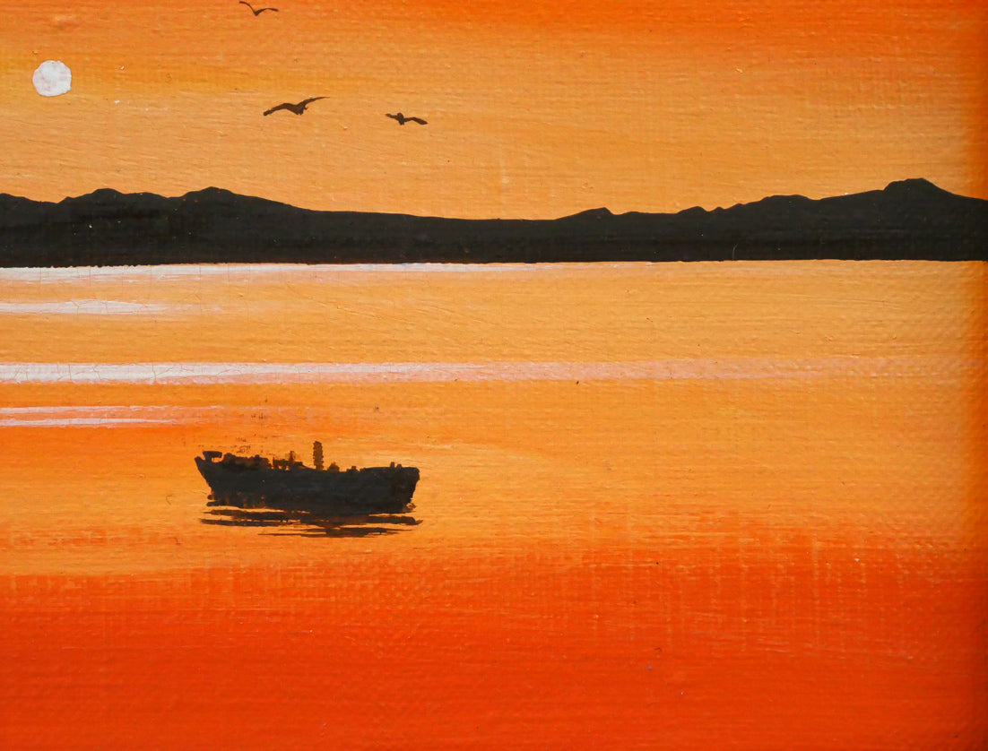 塩田満男「サロマ湖夕景」油絵・SM 拡大画像4