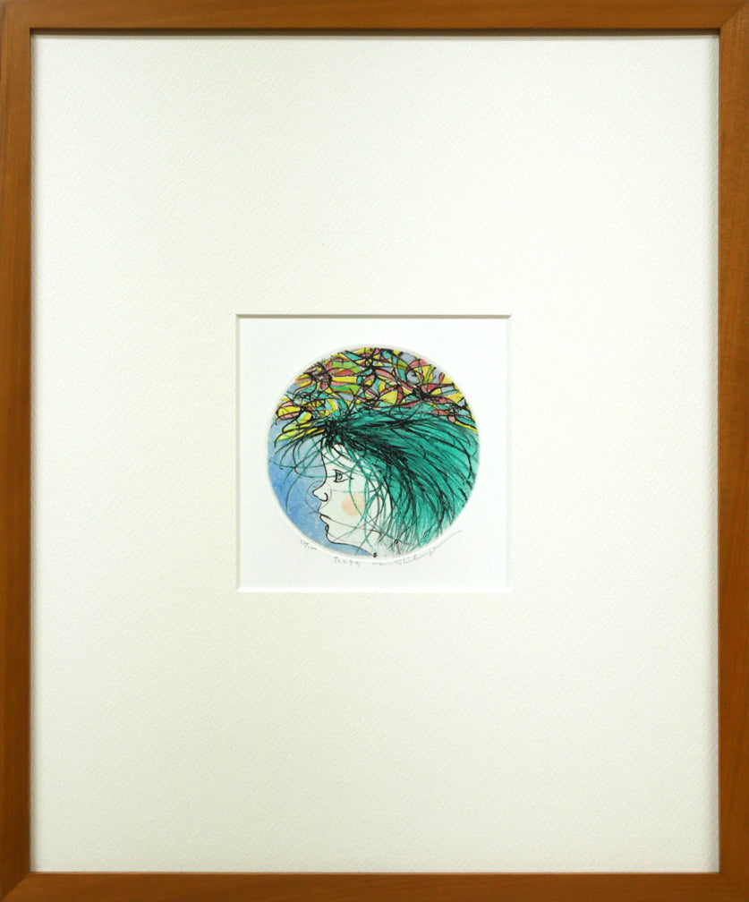 渋谷栄一「花と少女」銅版画