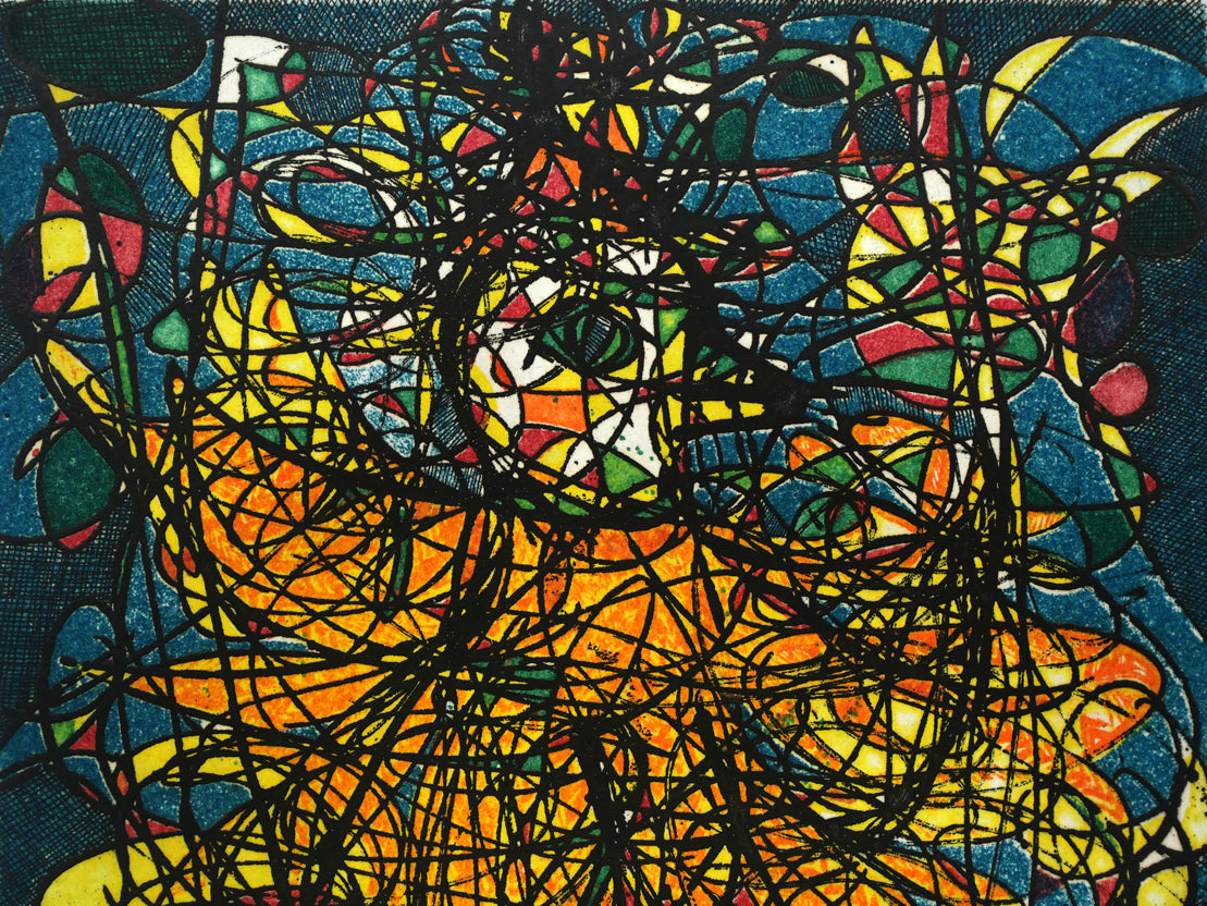 渋谷栄一「鳥とステンドグラス」銅版画 拡大画像1