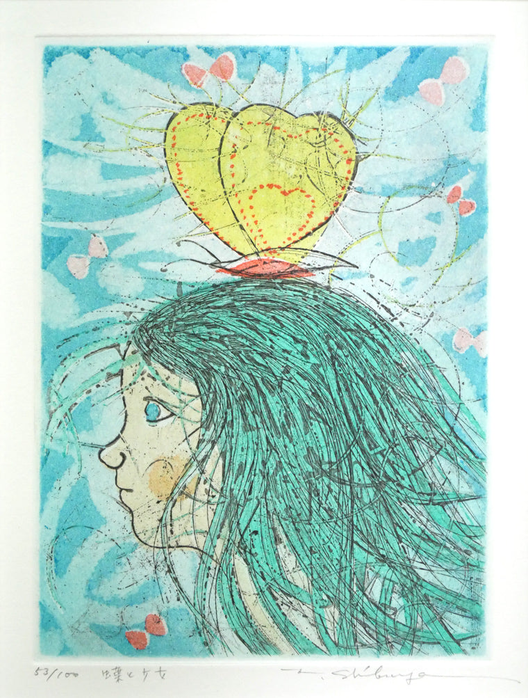 渋谷栄一「蝶と少女」銅版画 作品全体拡大画像