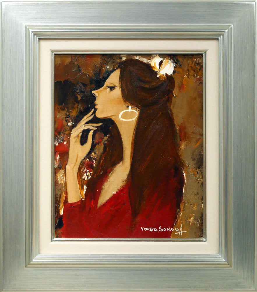 園田郁夫「女性像(赤い服)」油絵・F3号